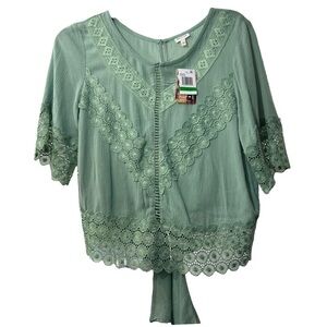Self Esteem Juniors Boho Lace Blouse in Sage Size Large New With Tags